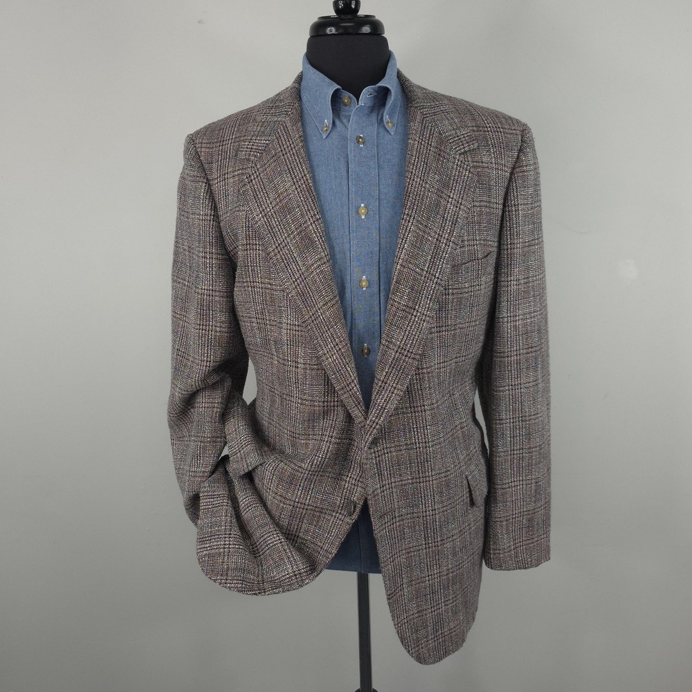 Tom James Blazer Mens 44L Brown Plaid Tweed Wool Sport Coat Jacket Classic